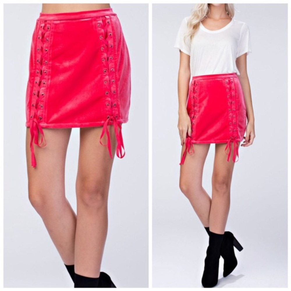 New red pink lace-up velvet skirt